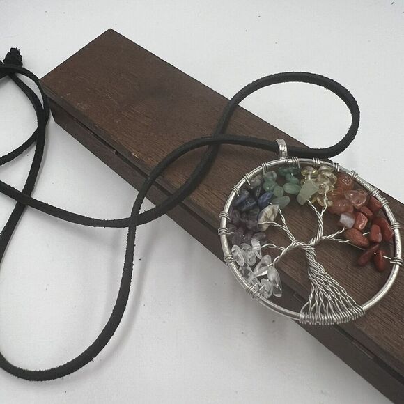 Natural Gemstone Tree Of Life Necklace Leather Chakra Healing Wire Wrap - Picture 6 of 8